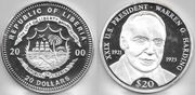 LIBERIA 2000 20 Dollars, Bust of Warren G. Harding, KM-895