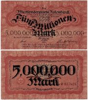 German States: Wuerttembergische Notenbank 1923 5 Million Mark, Pick S988, B815a