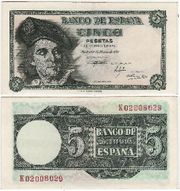 Spain 1948 5 Pesetas, Pick 136a, B602a