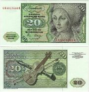German Federal Republic 1980 20 Deutsche Mark, Pick 32d, B203h