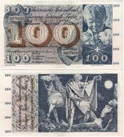 Switzerland 1973 100 Franken, Pick 49o, B334o