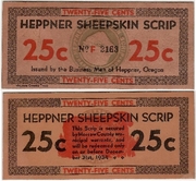 OREGON: Heppner 1933 25 Cents Sheepskin Scrip in sheepskin; Shafer OR168-.25a. *pending*