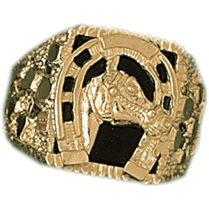 14k Yellow Gold Horseshoe with a Horse Onyx Ring daz-14659