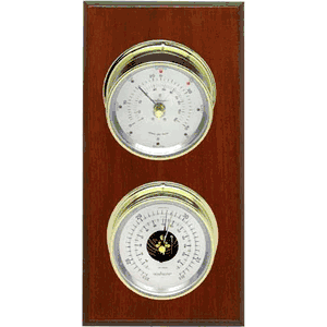 Hatteras 2S 2 Dial Weather Stations Wind, Pressure - Brass/Silver, Mahogany