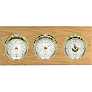 Montauk 3 Dial Weather Stations Wind, Temperature, Pressure - Brass/Silver, Oak