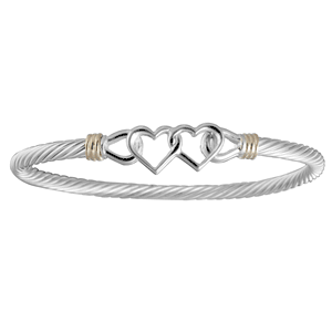 Double Heart Cable Hook Bracelet - Silver & 14K Gold 3.5mm 7.5 Inch