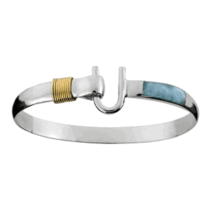Larimar Inlay Hook Bracelet - Sterling Silver & 14K Gold 6mm 6.5 Inch