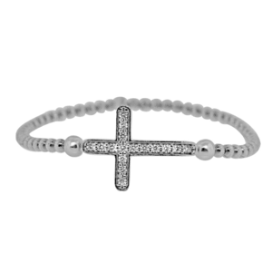 Rhodium Plated Large CZ Cross Stretchy Silver Bracelet DAZ-DAB-190