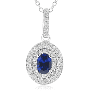 Rhodium Plated with Oval Sapphire & CZ Halo Necklace DAZ-DYN-777BL