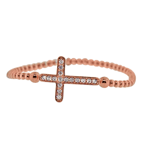 Rose Gold Plated Large CZ Cross Stretchy Silver Bracelet DAZ-DAB-190P