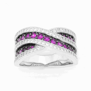 (SPECIAL ORD) Sterling Silver Criss Crossed Ruby and White CZ Micro Pave Ring - Size 6 - W-9910-6