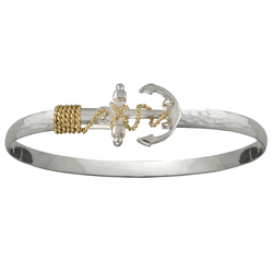 SS/14k Gold 4mm Hammered Anchor Two Tone Hook Bracelets 7.5  - TT4HAMANC75