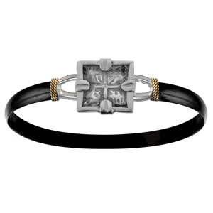 6mm Black Titanium Bar With Sterling Silver Square Treasure Coin And 14ky Gold Wraps 8.0 Inch - C6SQTCBT80