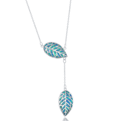 Stelring Silver Blue Inlay Opal Leaf with Hanging Leaf Lariat Neckalce - 18 Inch - M-5805