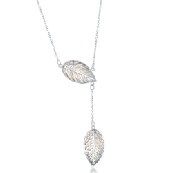 Stelring Silver White Inlay Opal Leaf with Hanging Leaf Lariat Neckalce - 18 Inch - M-5806