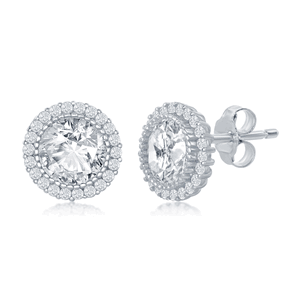 Sterling Silver 10mm Round CZ with Halo Stud Earrings  - D-7251