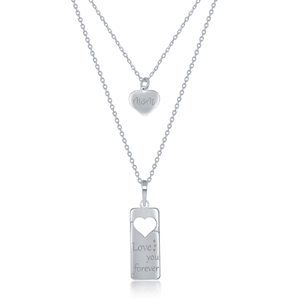 Sterling Silver 2PC Tag Heart Necklace Set - 16+2  Love You Forever Tag & 14+2 Mom Heart - 16 Inch - L-4246