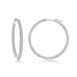 Sterling Silver 3x40mm Inside-Outside Micro Pave CZ Hoop Earrings  - D-7099