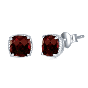 Sterling Silver 6MM Square Cushion-Cut Garnet with Rope Detail Border Stud Earrings  - D-6582