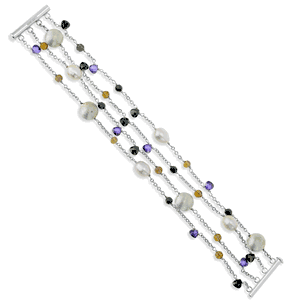 Sterling Silver 7.25 4-Strand FWP w Amethyst; Olive and Black Beads Bracelet - 7.25 Inch - T-5922