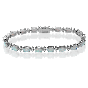Sterling Silver 7 Oval White Opal & Marquise Shape CZ Bracelet - 7.25 Inch - T-4601