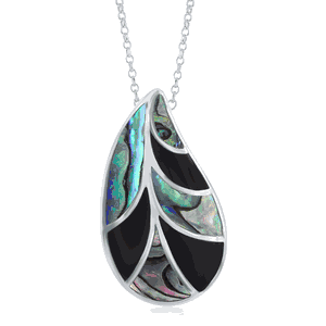 Sterling Silver Abalone and Onyx Large Leaf Pendant WChain  - K-8023