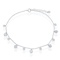 Sterling Silver Alternating Cubic Zirconia with Shiny & Matte Hearts Anklet - 9 Inch - R-9198