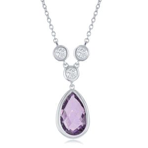 Sterling Silver Amethyst Teardrop with Three Bezel-set White Topaz Necklace - 16 Inch - M-5994