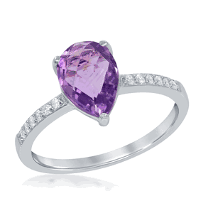 Sterling Silver Amethyst Teardrop with White Topaz Ring - Size 8 - W-1354-8