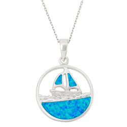 Sterling Silver and Blue Inlay Opal Boat on Water in Circle Pendant  - K-6030