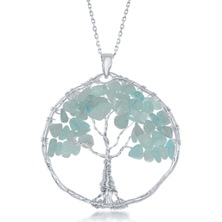 Sterling Silver Aquamarine Beads Tree of Life Pendant  - K-7901