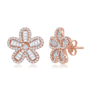 Sterling Silver Baguette CZ Flower Stud Earrings - Rose Gold Plated  - D-7007-RG