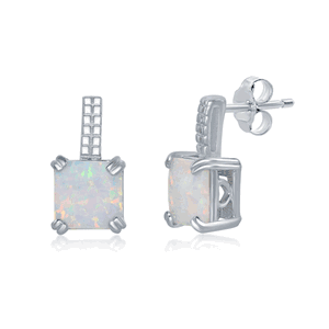 Sterling Silver Beaded Bar Prong Square White Opal Earrings  - D-7522