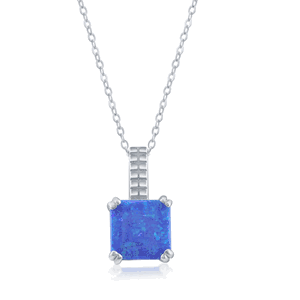 Sterling Silver Beaded Prong Square Blue Opal Pendant  - K-8495