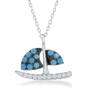 Sterling Silver Black Rhodium Sailboat with Turquoise Necklace  - M-5373