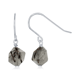 Sterling Silver Black Rutilated 8MM Rock Earrings  - D-6649