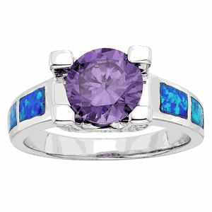 Sterling Silver Blue Inlay Opal and Amethyst Circle CZ Ring - Size 5 - W-9462-5