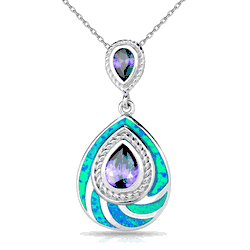 Sterling Silver Blue Inlay Opal and Purple CZ Double Teardrop Pendant  - K-7001