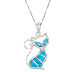 Sterling Silver Blue Inlay Opal Cat Pendant  - K-7182