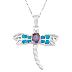 Sterling Silver Blue Inlay Opal Dragonfly w Center Oval Amethyst CZ Pendant  - K-5239