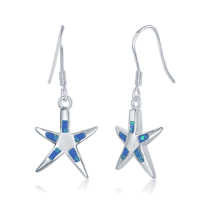 Sterling Silver Blue Inlay Opal Flat Starfish Earrings  - D-3350
