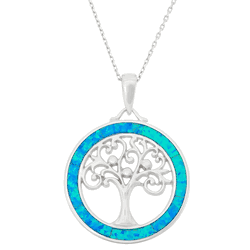 Sterling Silver Blue Inlay Opal Open Tree of Life Pendant  - K-6419