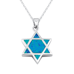 Sterling Silver Blue Inlay Opal Star of David Pendant  - K-4422