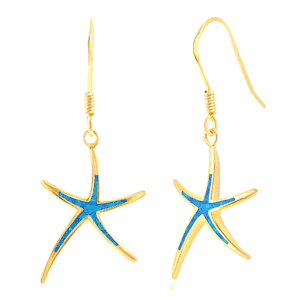 Sterling Silver Blue Inlay Opal Starfish Earrings - Gold Plated  - D-6746