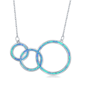 Sterling Silver Blue Inlay Opal Triple Open Circle Third Generation Necklace - 16 Inch - M-6166