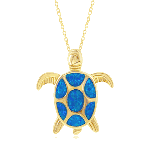 Sterling Silver Blue Inlay Opal Turtle Pendant - Gold Plated  - K-7938