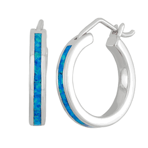 Sterling Silver Blue Opal Hoop Earrings  - D-3252