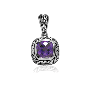 Sterling Silver Center Square Amethyst CZ and Black Finish Pendant  - K-4460