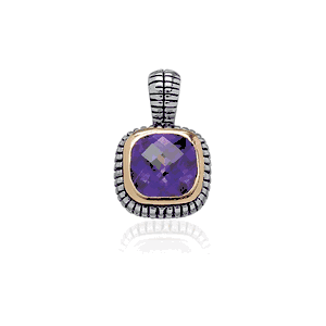 Sterling Silver Center Square Amethyst CZ w Surrounding GP Line and Black Finish Pendant  - K-4456