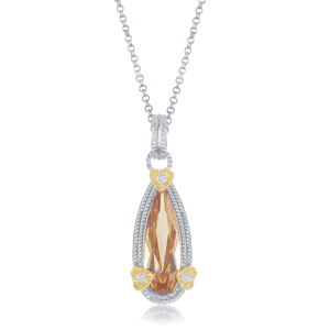 Sterling Silver Champange Tear Drop Shaped W 3 Hearts CZ Pendant  - K-4040
